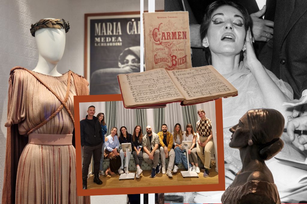 Διάφορες εικόνες από το μουσείο Μαρία Κάλλας όπως η προτομή, ένα φόρεμα της και μια φωτογραφία της και μια φωτογραφία μιας ομάδας ατόμων στο κέντρο της φωτογραφίας