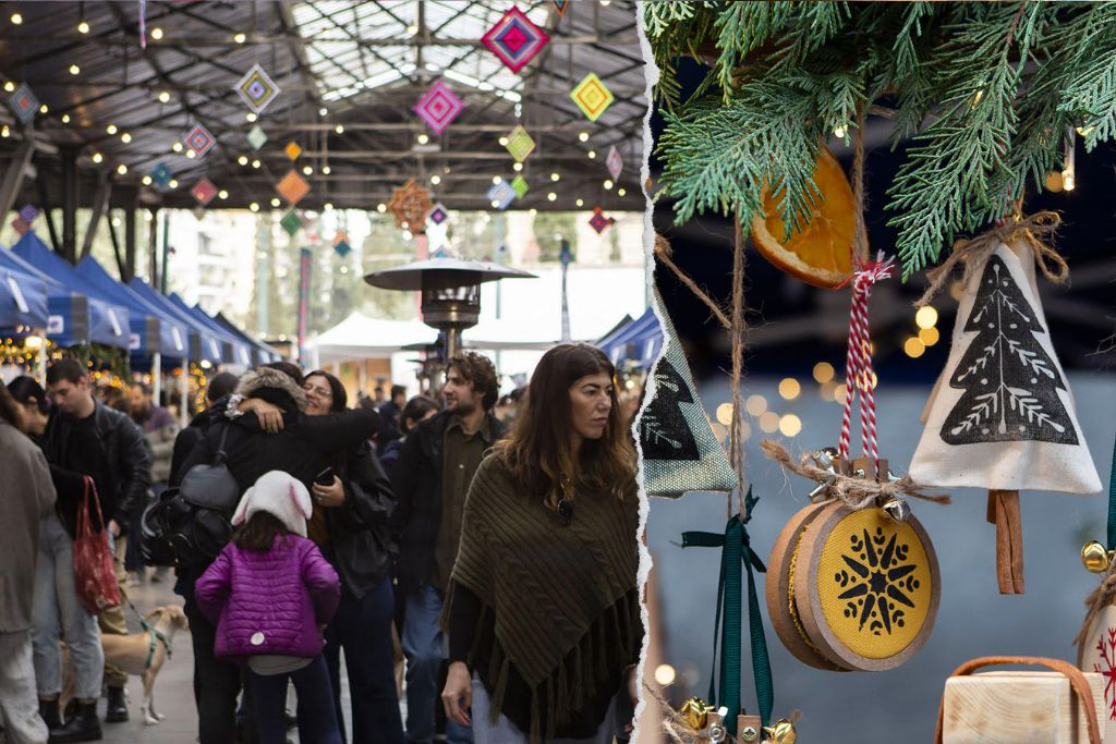 Στη μια φωτογραφία κόσμος σε ένα Χριστουγεννιάτικο bazar και στην άλλη φωτογραφία Χριστουγεννιάτικα στολίδια