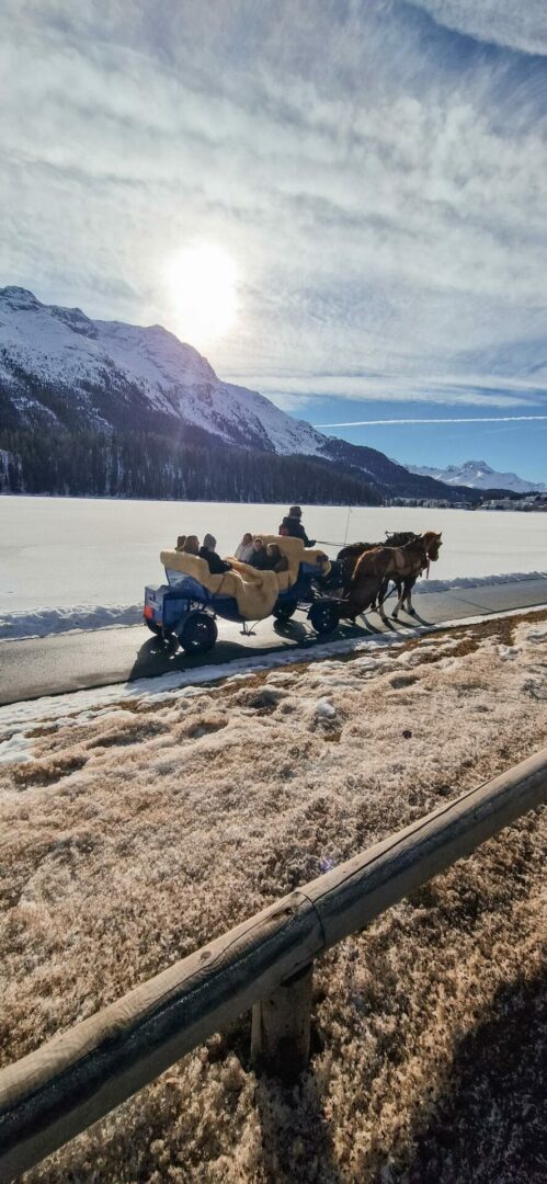 Άμαξα με άλογα σε χιονισμένο τοπίο με ήλιο