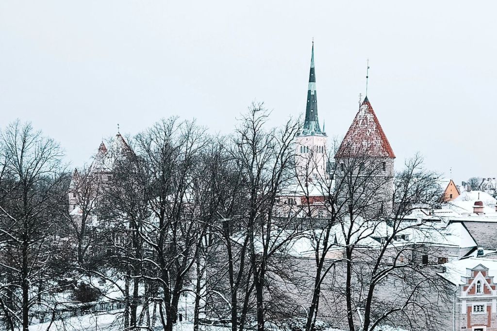 Χιονισμένο τοπίο με κορμούς δέντρων και στο βάθος φαίνονται δύο μεσαιωνικοί πύργοι