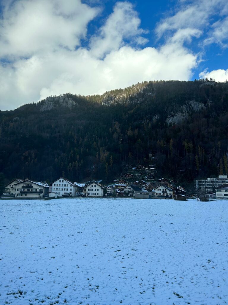 Χιονισμένο τοπίο, στη μεσαία φώτο ποτάμι και δρόμος με σπίτια και στο βάθος βουνό