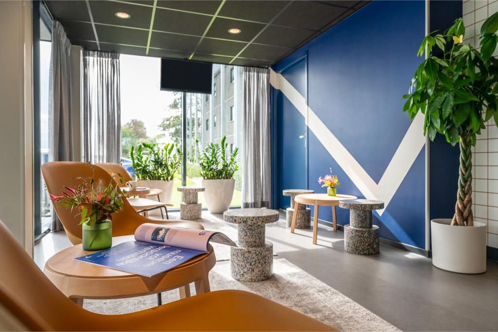 Χώρος με καθίσματα, τζαμαρία και μπλε τοίχο με μεγάλη γλάστρα με φυτό