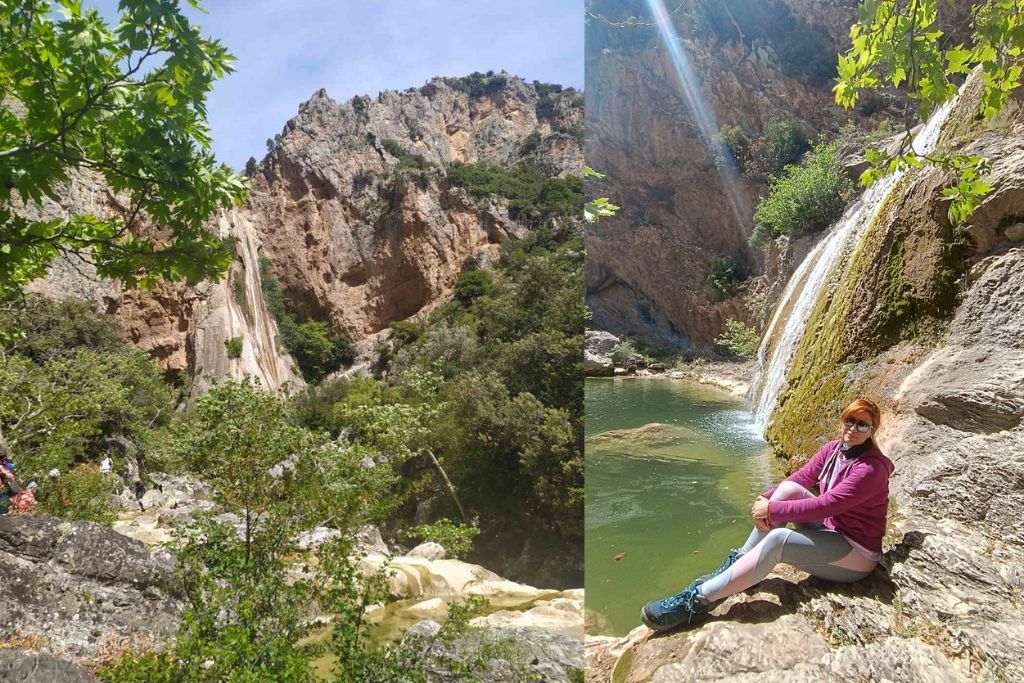 Τοπίο στη φύση με πράσινο και στην άλλη φωτογραφία κοπέλα που κάθεται μπροστά από έναν καταρράκτη και πίσω η βάθρα με το νερό